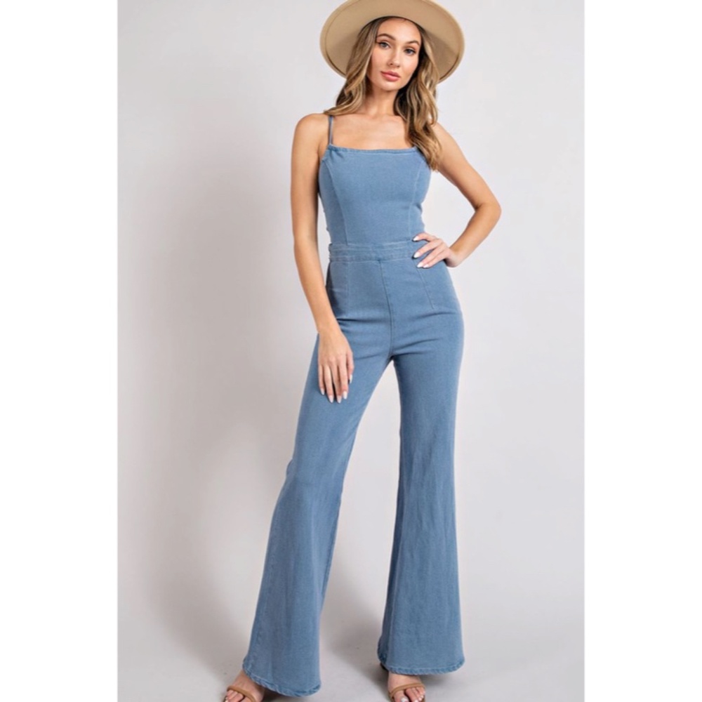 SOLD OUT Denim Blue Mineral Washed Solid Open Back Tie Boho Flared Jumpsuit - Picture 2 of 6